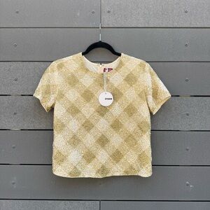 STAUD beaded Gold Checkered Top